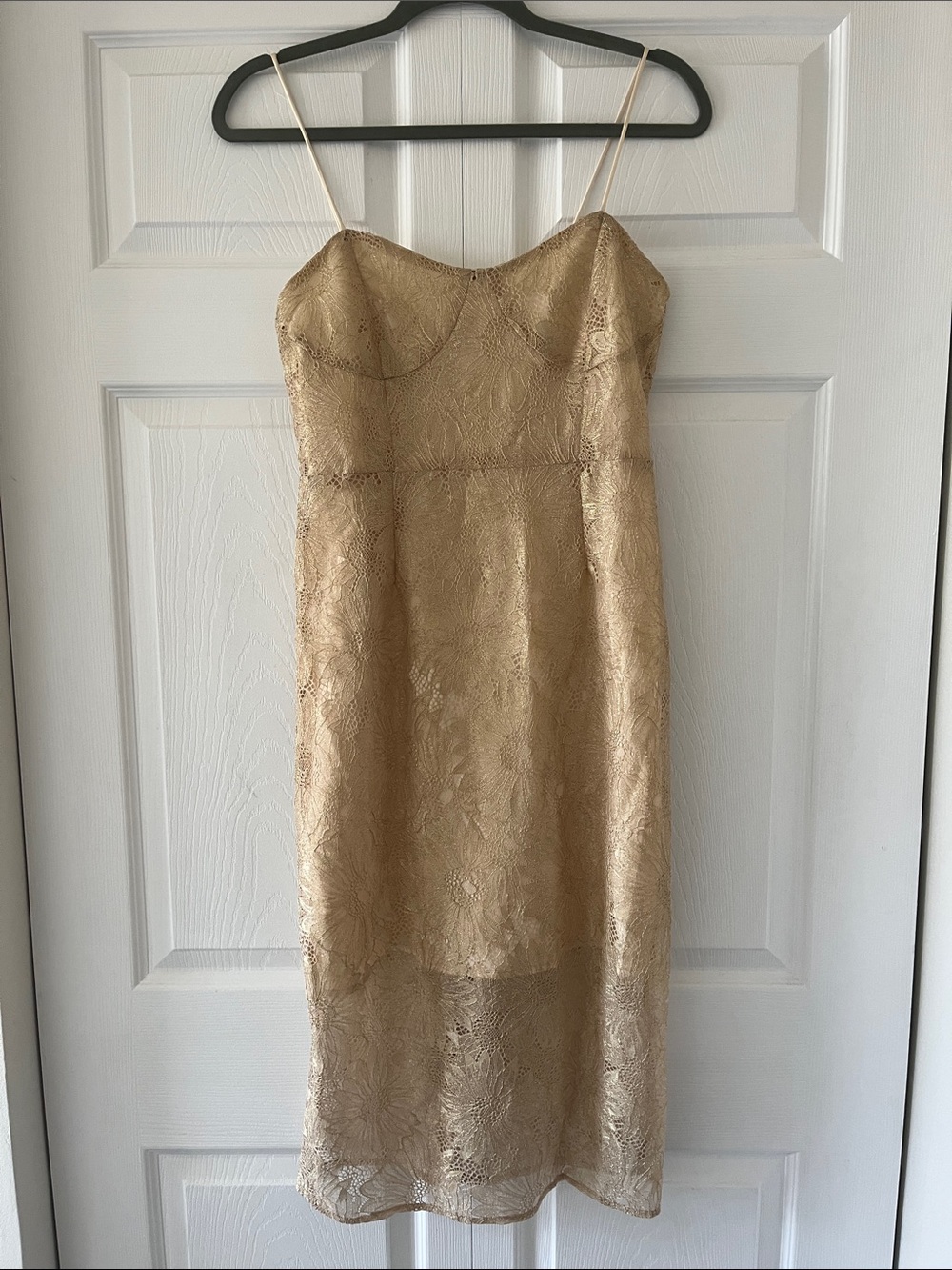 Elegant Gold Lace Midi Slip Dress with Spaghetti Straps